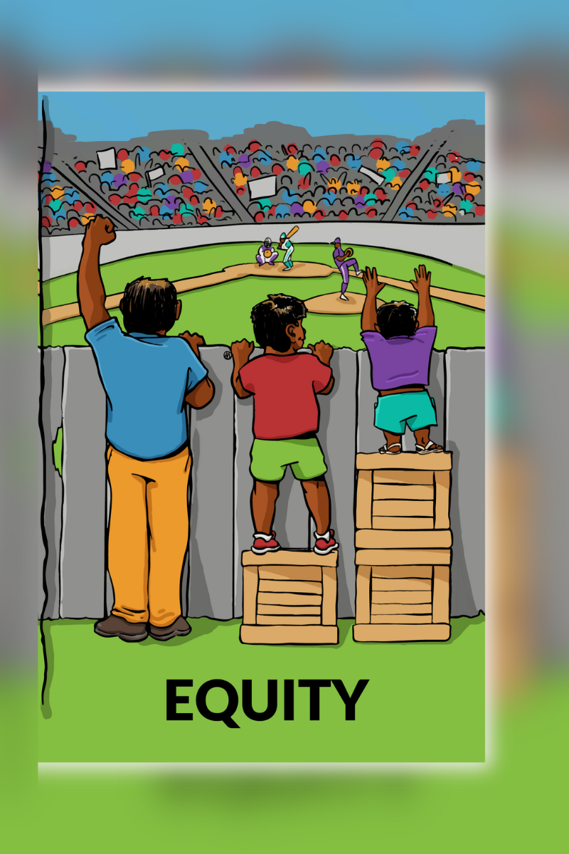 3 people looking over a fence, some standing on boxes.